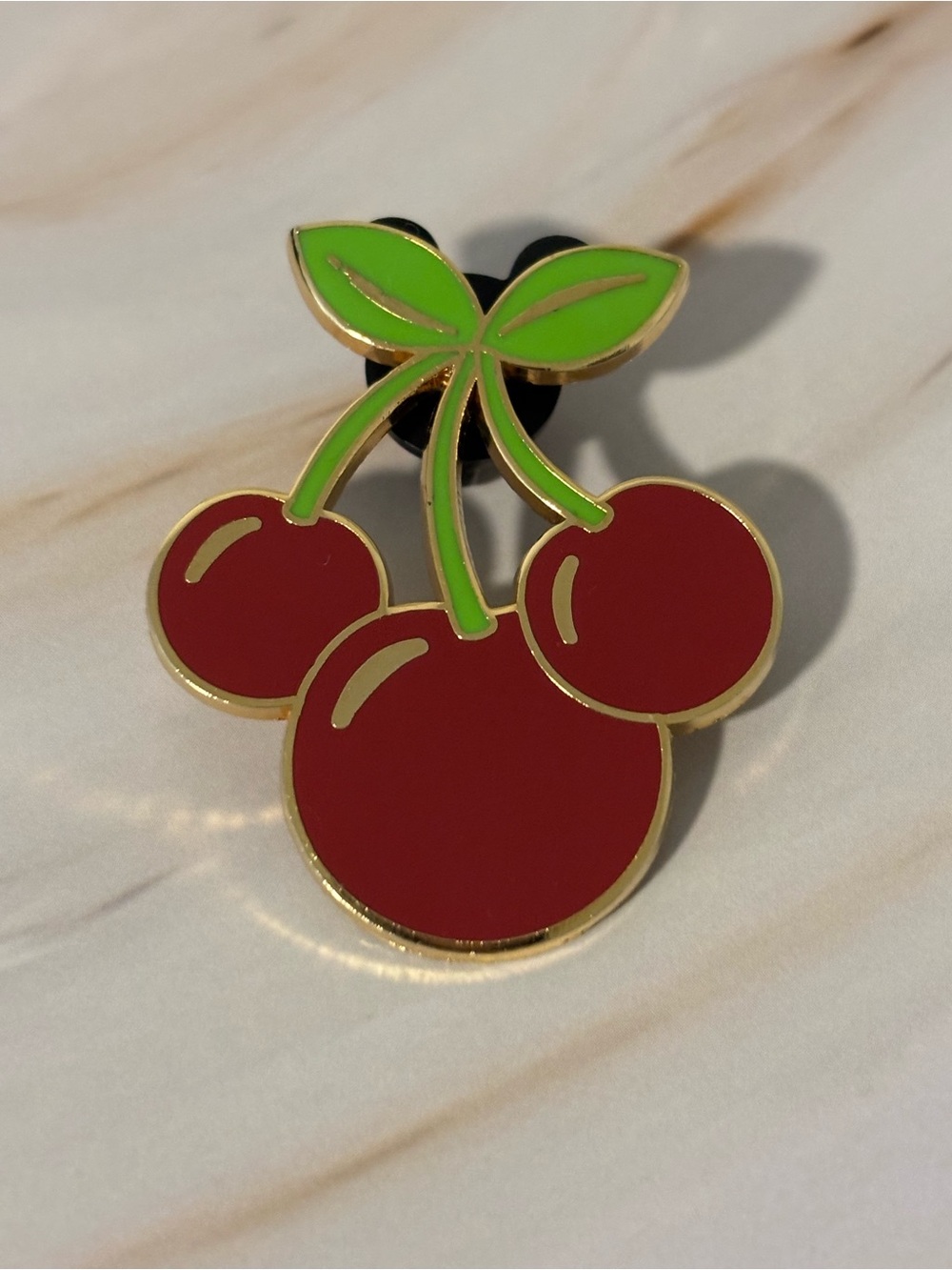 Official 2008 Green Leaf & Red Cherry Mickey Ears Enamel Pin 1-3/4”